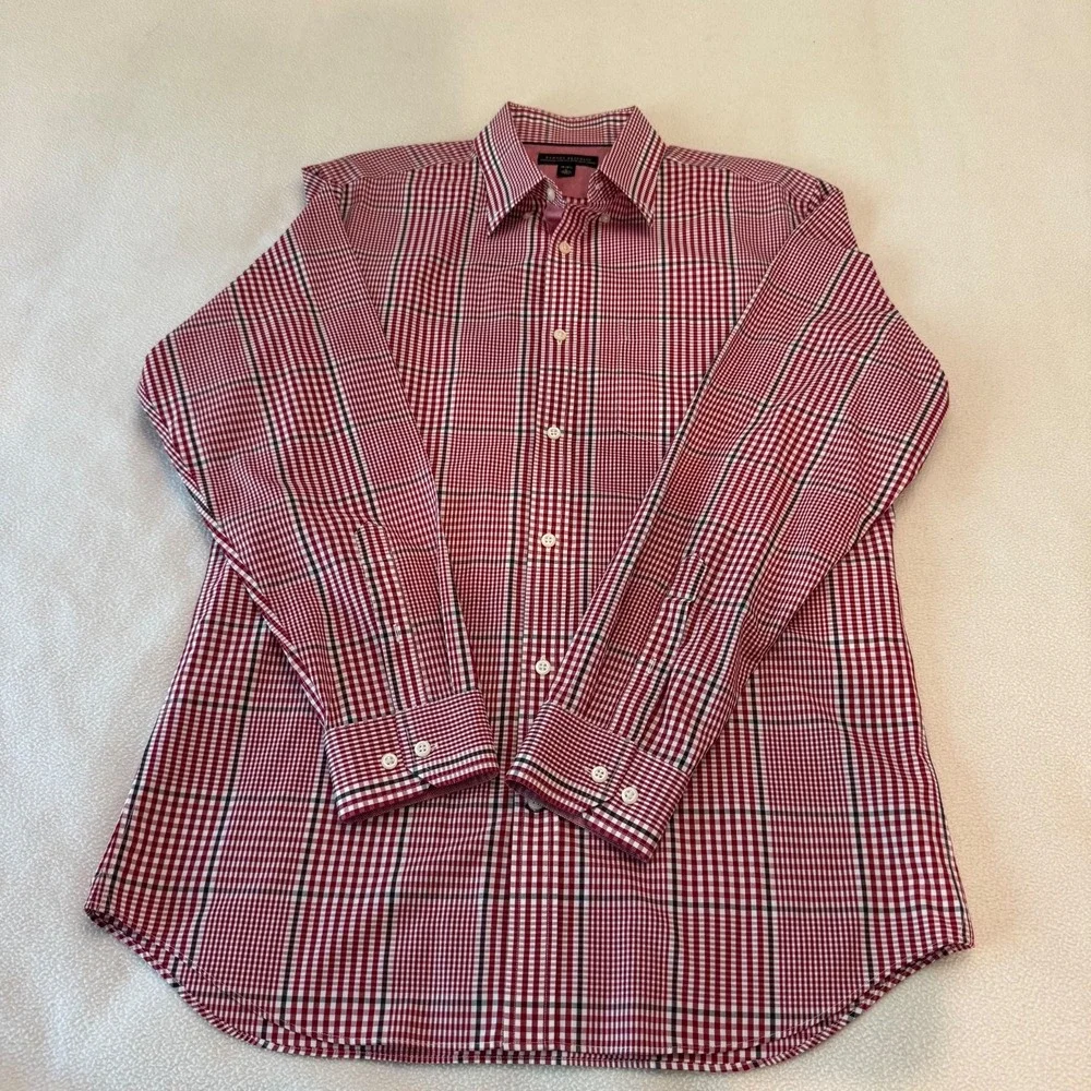 Banana Republic Men's Large Red White Check Shirt Tailored Slim Fit Non Iron